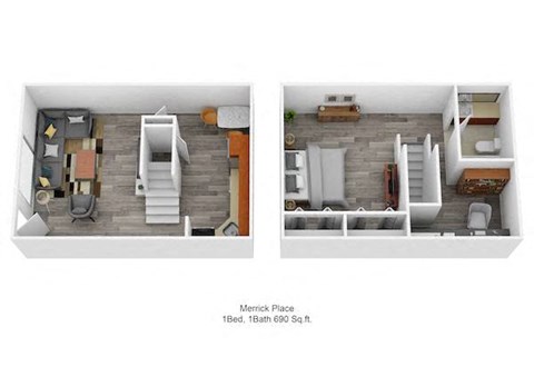 Floor plan for 1 bed, 1 bath, 690 sqft
